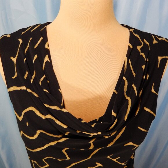 Chaps Black & Tan Tribal Print Draped Cowl Neck Sleeveless Stretch Career Top PL - Picture 6 of 8